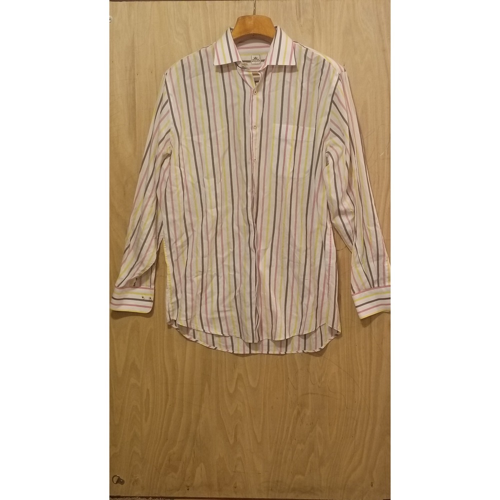 Peter Millar Mens Large Button Down Shirt Pink Yellow Grey Stripe Cotton L/S